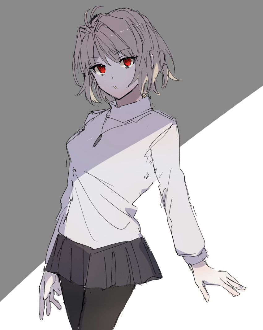 1girl aemono_(lemolemo_lmn) antenna_hair arcueid_brunestud blonde_hair highres long_sleeves pantyhose red_eyes short_hair skirt solo sweater tsukihime tsukihime_(remake) turtleneck turtleneck_sweater white_sweater