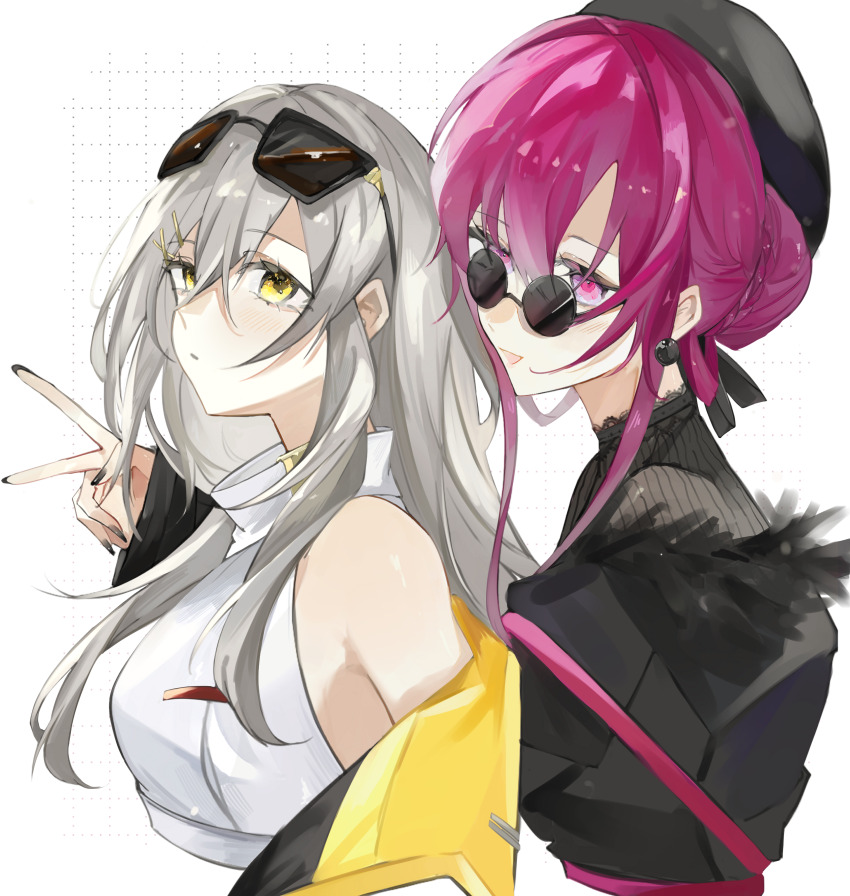 2girls absurdres black_nails earrings falling_petals gloves grey_hair hand_on_another&#039;s_face highres honkai:_star_rail honkai_(series) jewelry kafka_(honkai:_star_rail) multiple_girls petals pink_eyes ponytail puffy_sleeves purple_hair stelle_(honkai:_star_rail) sunglasses trailblazer_(honkai:_star_rail) tugu_pi v yellow_eyes yuri