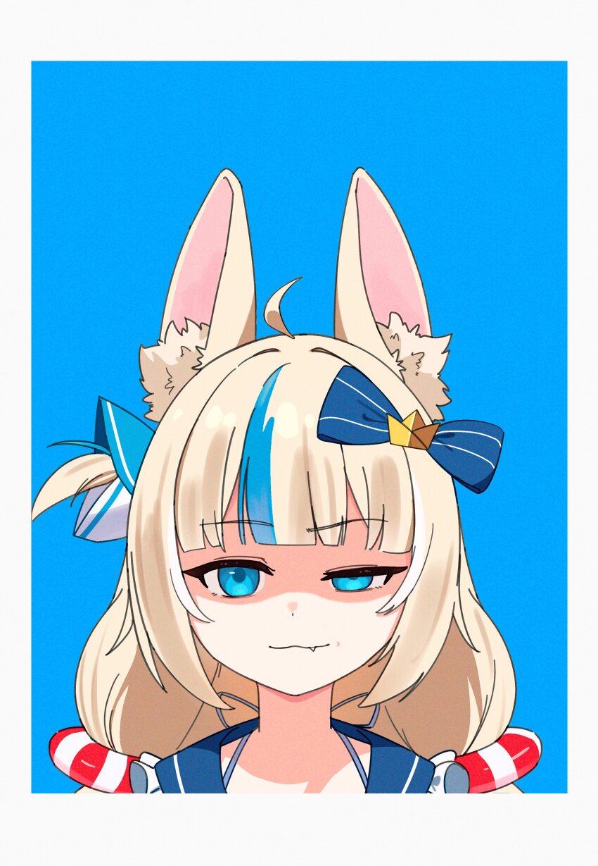 1girl :3 :| absurdres ahoge animal_ear_fluff animal_ears blonde_hair blue_background blue_eyes blue_hair blue_streaks blunt_bangs cat_ears closed_mouth commentary english_commentary fang fang_out fish_girl half-closed_eye highres indie_virtual_youtuber innertube_hair_ornament looking_at_viewer low_twintails multicolored_hair one_side_up paper_boat pash-uwu portrait sameko_saba streaked_hair twintails two-tone_hair uneven_eyes virtual_youtuber