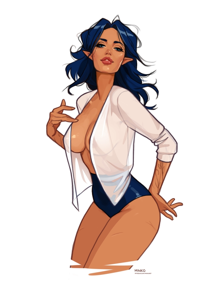 1girl artist_name blue_eyes blue_hair breasts cleavage commentary cropped_legs english_commentary half-closed_eyes highres large_breasts long_hair looking_at_viewer no_bra olena_minko open_clothes open_shirt original parted_lips patreon_username pointy_ears see-through_clothes see-through_shirt shirt simple_background solo watermark web_address white_background