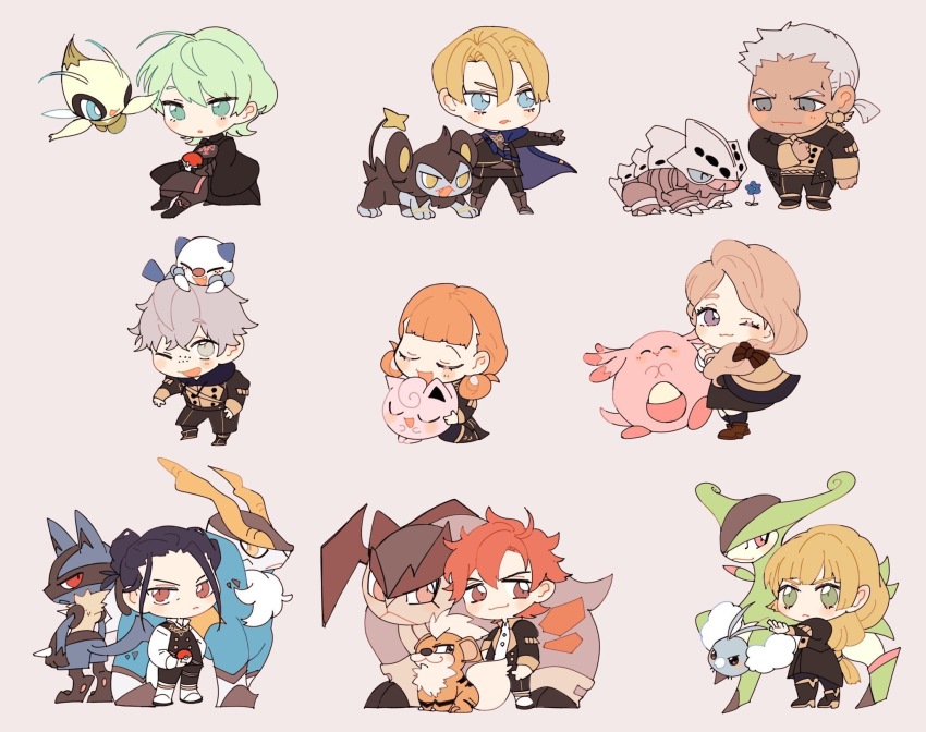 3girls 6+boys annette_fantine_dominic ashe_ubert black_hair blonde_hair blue_eyes blue_hair celebi chansey chibi closed_eyes cloud cloudy_sky cobalion dedue_molinaro dimitri_alexandre_blaiddyd dress felix_hugo_fraldarius fire_emblem fire_emblem:_three_houses garreg_mach_monastery_uniform gen_1_pokemon gen_2_pokemon gen_3_pokemon gen_4_pokemon gen_5_pokemon green_eyes green_hair grey_eyes grey_hair growlithe highres holding ingrid_brandl_galatea jigglypuff lairon legendary_pokemon lucario luxio male_byleth_(fire_emblem) mercedes_von_martritz multiple_boys multiple_girls mythical_pokemon nintendo one_eye_closed orange_hair oshawott po_ta_ya poke_ball pokemon pokemon_(creature) red_eyes red_hair sky swablu sylvain_jose_gautier terrakion virizion