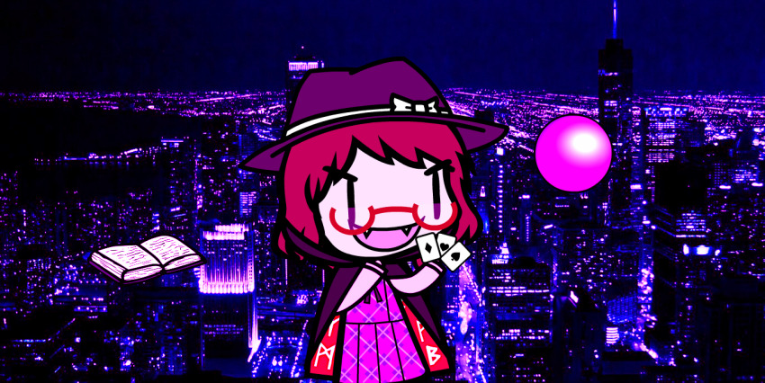 1girl ace_(playing_card) ace_of_diamonds ace_of_hearts ace_of_spades book bow brown_eyes brown_hair cape card cityscape cloak diamond_(shape) fangs glasses hat heart holding holding_card long_sleeves low_twintails night occult_ball open_mouth plaid_clothes plaid_skirt plaid_vest playing_card red-framed_eyewear runes school_uniform semi-rimless_eyewear shirt short_hair skirt smile solo spade_(shape) touhou twintails under-rim_eyewear usami_sumireko v-shaped_eyebrows vest walfas