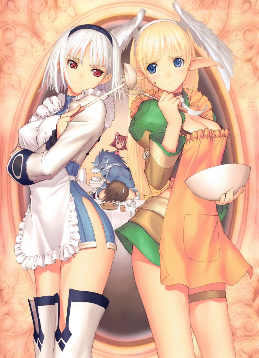 1boy 3girls absurdres albino apron bad_food blanc_neige blonde_hair blue_eyes breasts cleavage cooking elf elwing food hairband head_wings highres huge_filesize ladle long_hair mao_(shining_tears) multiple_girls pointy_ears red_eyes sega shining_(series) shining_tears shining_wind short_hair thighhighs tony_taka tsurime very_long_hair volg white_hair wings wolf xion