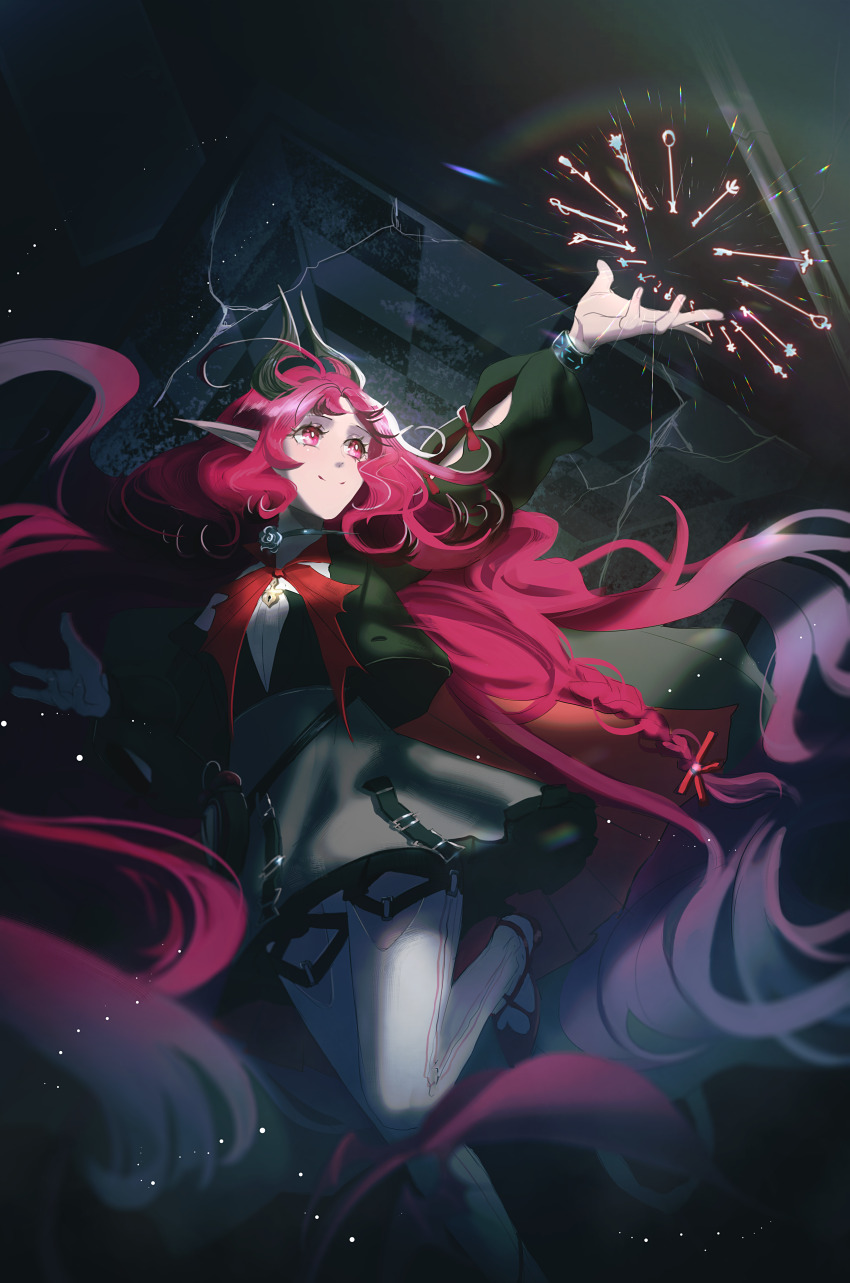 1girl absurdres arknights arm_cutout arm_up black_jacket bright_pupils closed_mouth commentary elloy_(ajhz2533) english_commentary foot_out_of_frame grey_skirt highres infection_monitor_(arknights) jacket jewelry key keyhole leg_up lens_flare light_particles locket long_hair long_sleeves magic nymph_(arknights) outstretched_arm pantyhose pendant pink_eyes pink_hair pointy_ears skirt smile solo split_mouth very_long_hair white_pantyhose white_pupils