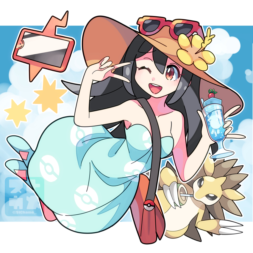 1girl ;d bag black_hair brown_eyes collarbone commentary_request dress eyewear_on_headwear gen_1_pokemon gen_4_pokemon green_dress green_footwear hands_up hat highres long_hair nintendo one_eye_closed open_mouth orange_headwear pokemon pokemon_(creature) pokemon_sm rotom rotom_phone sandslash shoes shoulder_bag sightseer_(pokemon) smile strapless strapless_dress sunglasses sutokame teeth tongue upper_teeth_only v