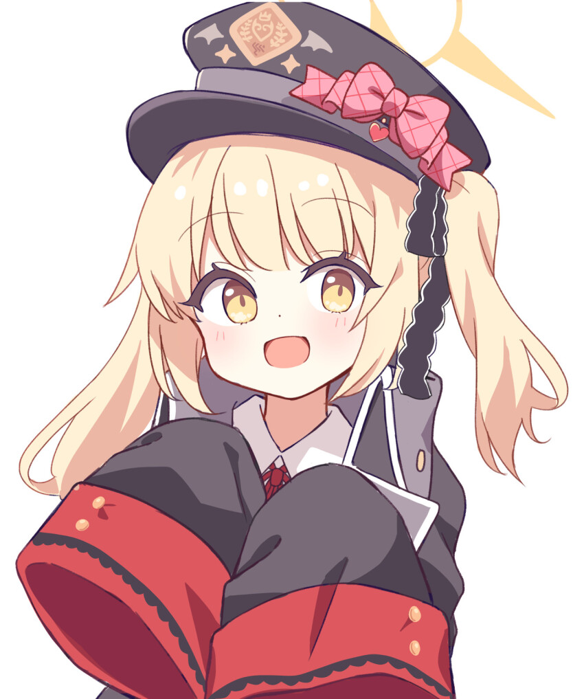 1girl :d black_ribbon blonde_hair blue_archive bow commentary cow hair_ribbon halo hat hat_bow highres ibuki_(blue_archive) long_sleeves looking_at_viewer open_mouth peaked_cap ribbon ryoku_sui sleeves_past_fingers sleeves_past_wrists smile solo upper_body white_background yellow_eyes yellow_halo