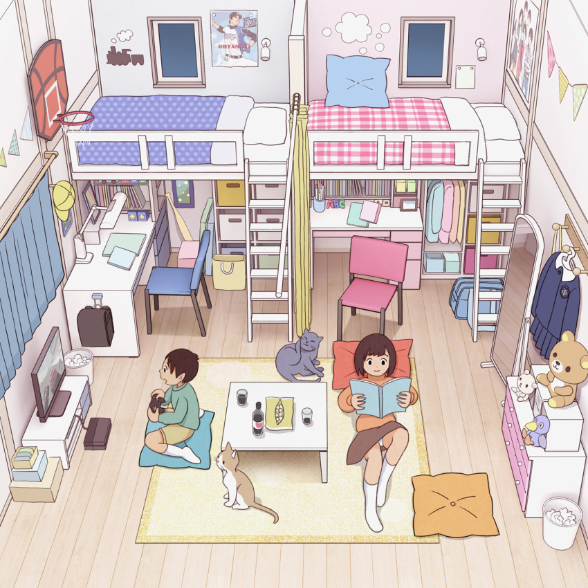1boy 1girl absurdly_detailed_composition bra brother_and_sister cat curtains desk dressing fixed-point_camera full_body highres indoors kiyo_(kyokyo1220) loaded_interior loft_bed lying male_underwear ootani_shouhei original panties playing_games reading shirt siblings standing television time_lapse underwear white_bra white_male_underwear white_panties white_shirt window