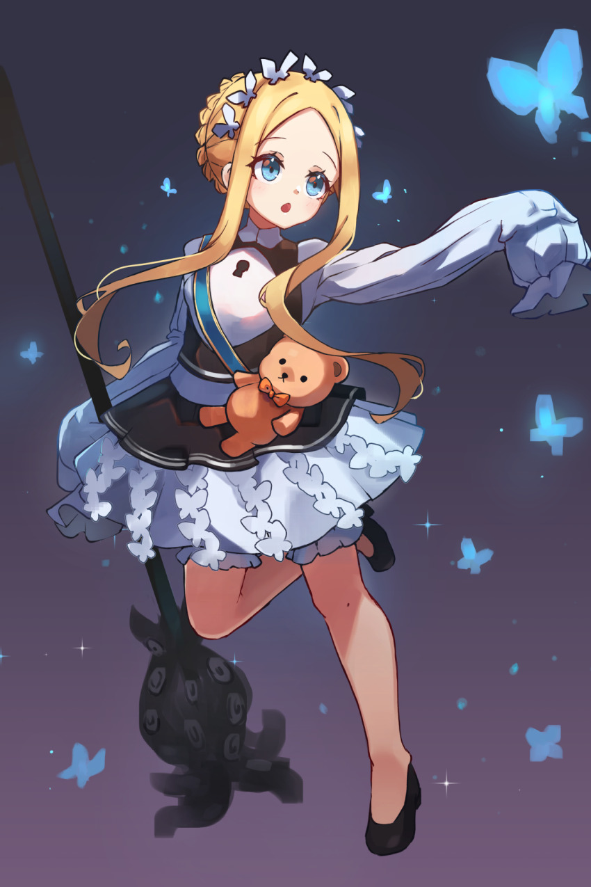 1girl abigail_williams_(fate) abigail_williams_(festival_outfit)_(fate) animal black_shoes black_skirt blonde_hair bloomers blue_butterfly blue_eyes blush braid breasts bug butterfly crown_braid dress fate/grand_order fate_(series) forehead full_body highres insect keyhole layered_skirt long_hair long_sleeves looking_to_the_side maid maid_headdress miya_(miyaruta) mop official_alternate_costume open_mouth parted_bangs sash shoes sidelocks skirt sleeves_past_fingers sleeves_past_wrists small_breasts solo stuffed_animal stuffed_toy teddy_bear tentacles underwear very_long_hair white_bloomers white_dress