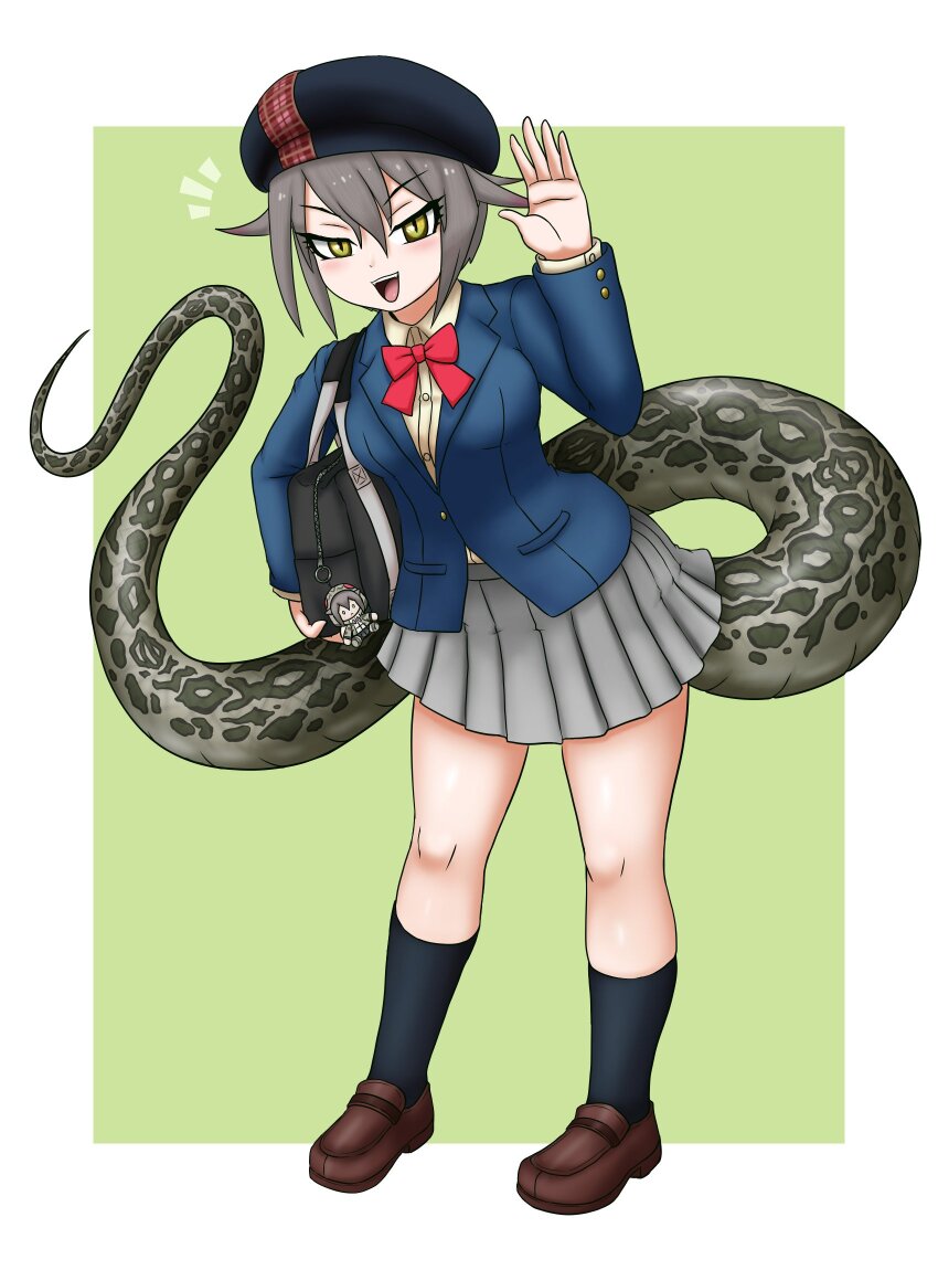 1girl adansosutega bag beret black_socks blue_jacket blush bow bowtie brown_shoes character_charm charm_(object) collared_shirt full_body green_eyes grey_hair grey_skirt hair_between_eyes hat highres jacket kemono_friends kemono_friends_3 loafers long_sleeves looking_at_viewer okinawa_habu_(kemono_friends) open_mouth pleated_skirt red_bow red_bowtie school_bag school_uniform shirt shoes short_hair sidelocks skirt slit_pupils smile snake_girl snake_tail socks solo tail waving yellow_shirt