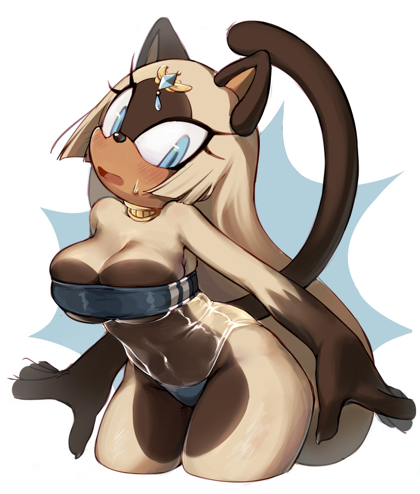 1girl animal_ears blue_eyes blush breasts bursting_breasts cat cat_ears cat_tail cleavage embarrassed gris_swimsuit highres jewelry large_breasts long_hair meme_attire oasis_(seeslugs) open_mouth original sandopoliszone sonic_(series) sweat swimsuit tail