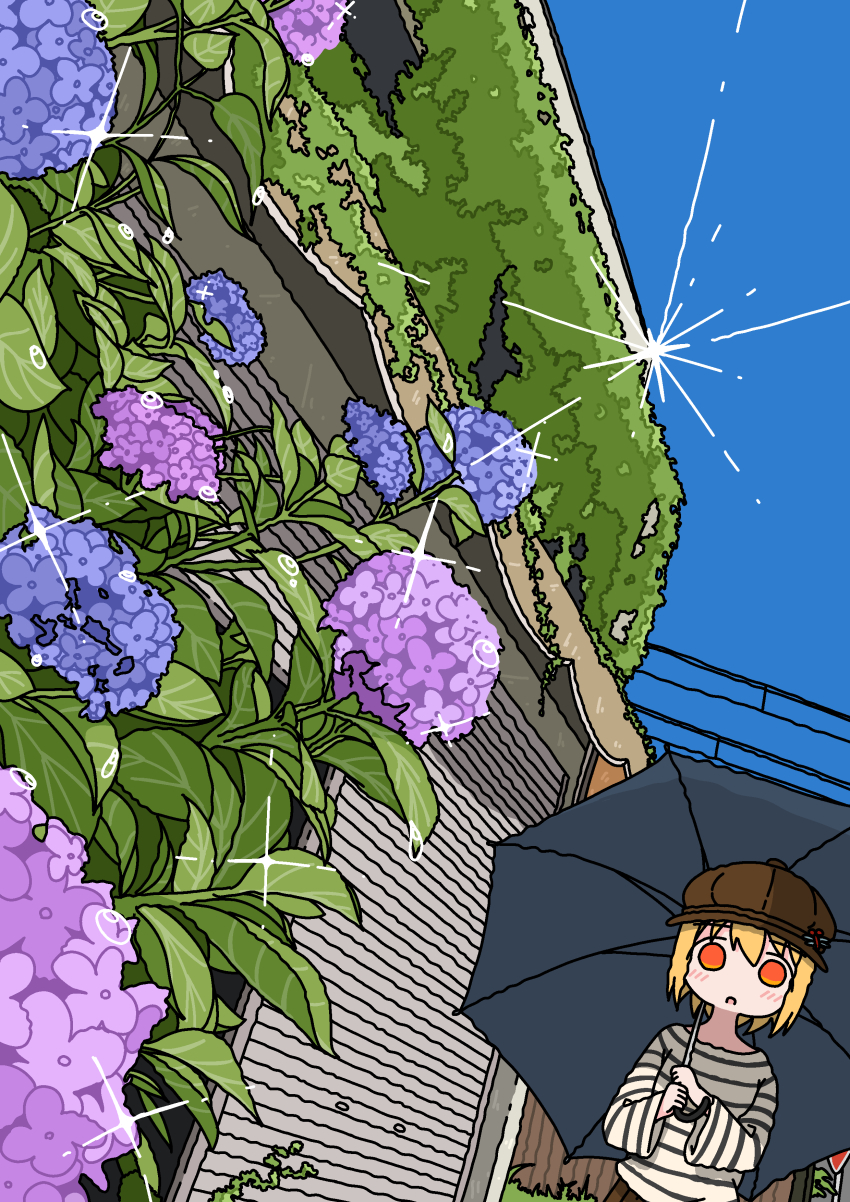 1girl absurdres after_rain blonde_hair blue_flower blue_sky brown_hat building day dutch_angle emesan_desu flower glint hat highres holding holding_umbrella hydrangea orange_hair original outdoors parted_lips plant purple_flower scenery shirt sky solo striped_clothes striped_shirt umbrella upper_body