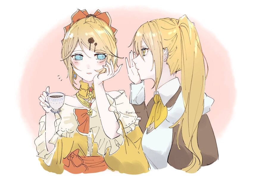 2girls akita_neru aku_no_musume_(vocaloid) apron aqua_eyes bare_shoulders blue_gemstone bow brooch brown_dress choker collar collared_dress cup dress dress_bow earrings evillious_nendaiki frilled_sleeves frills gem gossip hair_bow hair_ornament hairclip half-siblings hand_on_own_cheek hand_on_own_face high_ponytail highres holding holding_cup jewelry kagamine_rin light_blush listening long_hair maid multiple_girls neckerchief ney_phutapie off-shoulder_dress off_shoulder orange_bow parted_lips pink_background pinky_out ponytail princess profile red_gemstone riliane_lucifen_d&#039;autriche side_ponytail sidelocks sideways_glance swept_bangs teacup tomari_drew updo upper_body very_long_hair vocaloid whispering white_apron white_collar white_wrist_cuffs wide_sleeves wrist_cuffs yellow_choker yellow_dress yellow_eyes yellow_neckerchief