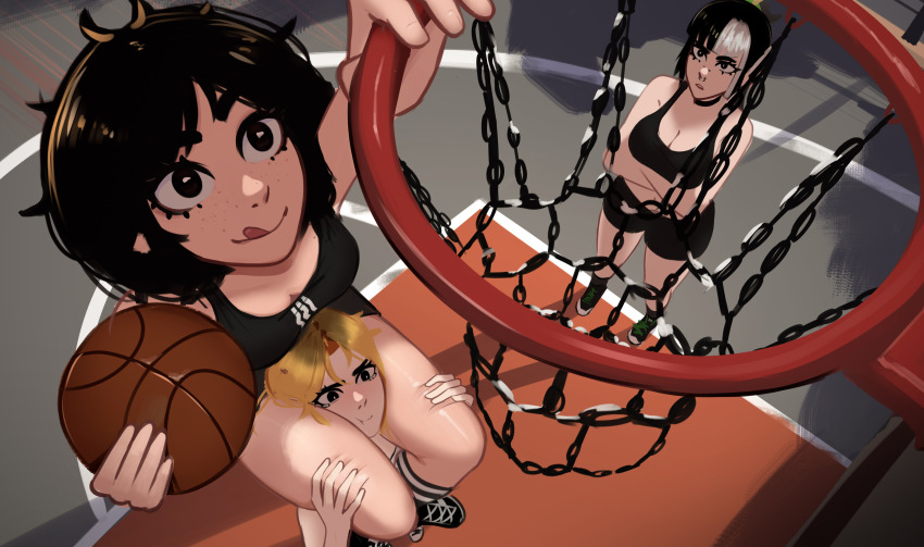 3girls absurdres adidas ball bare_shoulders basketball basketball_(object) basketball_hoop black_eyes black_hair blonde_hair face_piercing freckles highres holding holding_ball jessie_(veyonis) lip_piercing long_hair mika_(veyonis) multiple_girls nose_piercing original piercing playing_sports short_hair smile sports_bra thighs veyonis yuna_(veyonis)