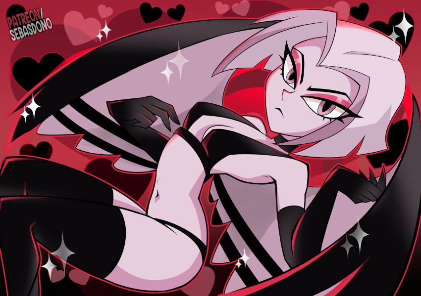 1girl absurdres alternate_costume angel angel_wings artist_name bare_hips black_bra black_panties bra breasts colored_skin elbow_gloves eyeliner gloves hazbin_hotel heart highres looking_at_viewer lute_(hazbin_hotel) makeup navel panties patreon_username red_eyeliner sebasdono short_hair solo sparkle thighhighs two-tone_wings underwear white_hair white_skin wings