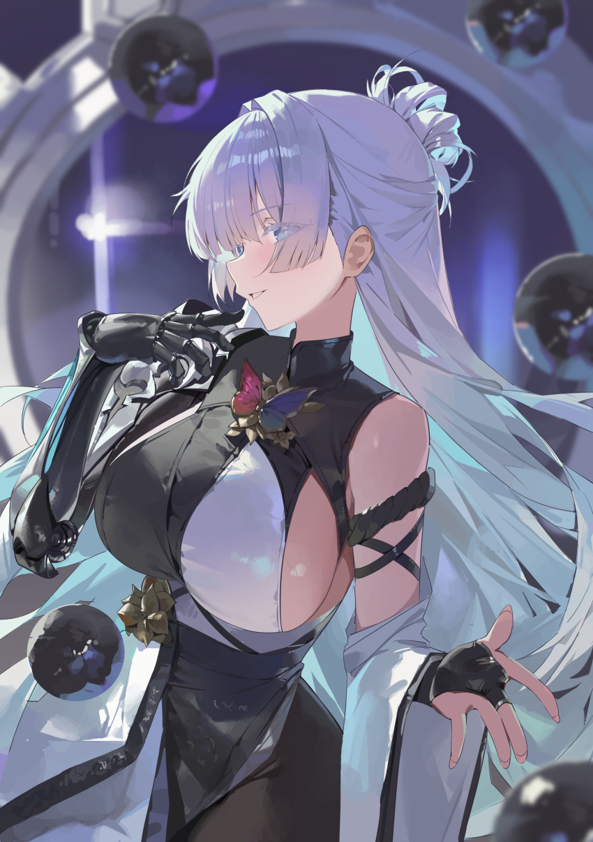 1girl bare_shoulders black_dress blue_eyes blurry blurry_background breasts bridal_gauntlets brooch brown_pantyhose colored_eyelashes cowboy_shot depth_of_field detached_sleeves dress eyes_visible_through_hair goddess_of_victory:_nikke hair_rings hand_up highres jewelry large_breasts long_hair looking_at_viewer nayuta_(nikke) orb pantyhose parted_lips pray_(furei) prosthesis prosthetic_arm side_slit sideboob solo very_long_hair white_eyelashes white_hair wide_sleeves