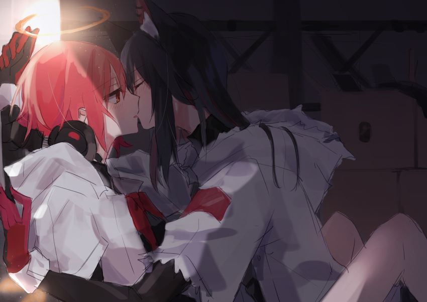 2girls absurdres animal_ear_fluff animal_ears arknights bad_id bad_pixiv_id bare_legs black_hair black_sleeves blush bow bowtie box closed_eyes commentary exusiai_(arknights) exusiai_(city_rider)_(arknights) gloves halo headphones highres hood hood_down hooded_jacket indoors jacket kiss light_particles long_hair looking_at_another matsuzaka_(matsuzakagyu_29) multiple_girls official_alternate_costume red_eyes red_gloves red_hair red_neckwear short_hair texas_(arknights) texas_(winter_messenger)_(arknights) white_jacket wolf_ears yuri