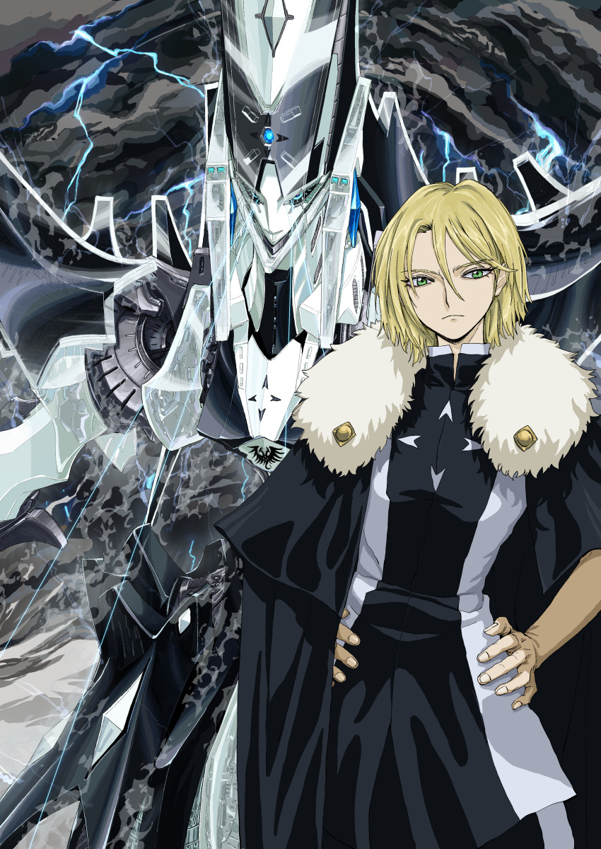 1boy absurdres black_cape black_robe blonde_hair cape closed_mouth cloud_background commentary_request donau_ga_toriharon feet_out_of_frame five_star_stories frown fur-trimmed_cape fur_trim gothicmade_(mecha) green_eyes hana_no_utame_gothicmade hands_on_own_hips highres kaiserin_(gothicmade) lightning looking_at_viewer male_focus mecha orrdriver robe robot short_hair solo standing storm_cloud two-tone_robe white_robe