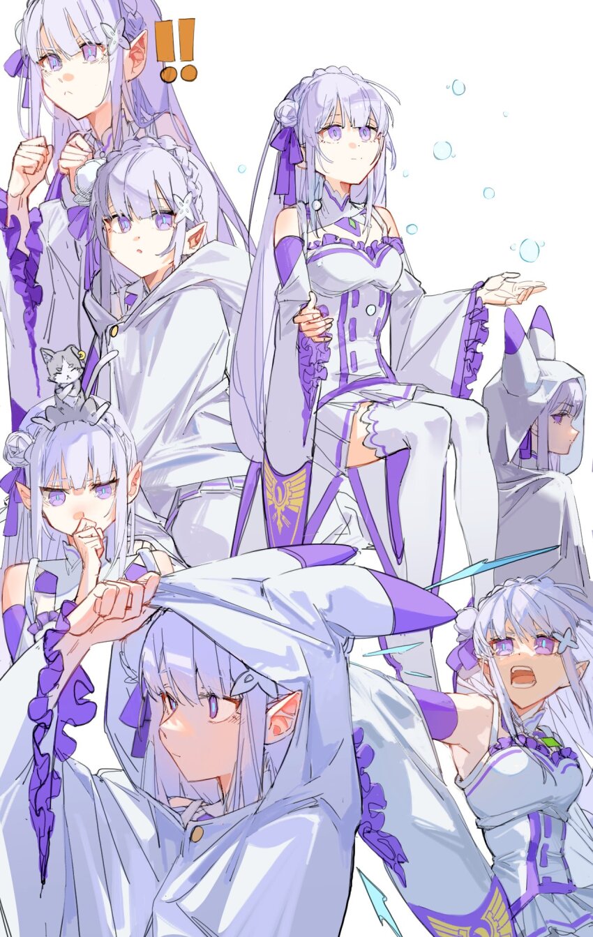 ! !! 1girl :&lt; animal_hood blue_pupils braid breasts bubble clenched_hands cloak closed_mouth crown_braid detached_sleeves dress elf emilia_(re:zero) flower grey_hair hair_flower hair_ornament hair_ribbon hand_on_own_chin hands_up hashtag-only_commentary highres hood hood_up hooded_cloak invisible_chair kurattes long_hair looking_at_viewer medium_breasts multiple_views on_head open_mouth pointy_ears puck_(re:zero) purple_eyes purple_ribbon re:zero_kara_hajimeru_isekai_seikatsu ribbon rose sitting sleeveless sleeveless_dress smile thighhighs thinking very_long_hair white_dress white_flower white_rose white_sleeves white_thighhighs wide_sleeves x_hair_ornament