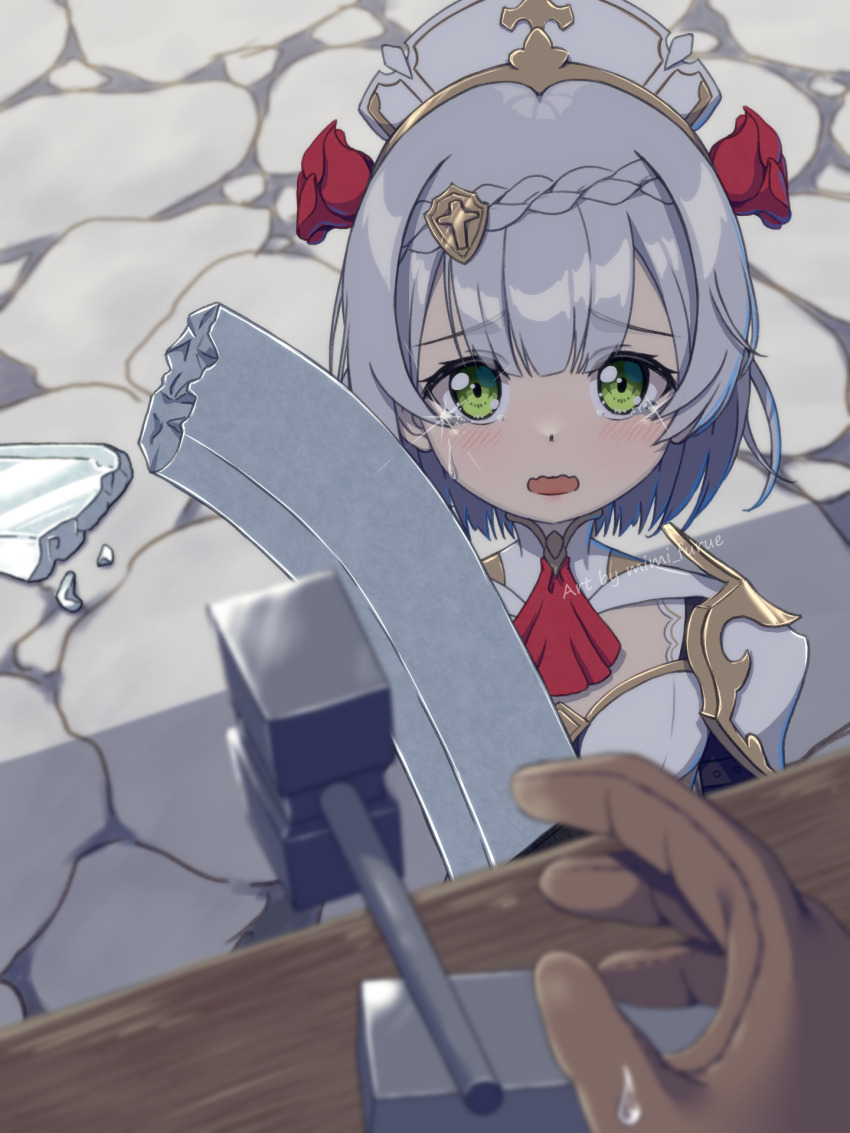 1girl 1other aged_down armor armored_dress artist_name ascot blurry braid braided_bangs brown_gloves center-flap_bangs child collared_dress crying crying_with_eyes_open depth_of_field dot_nose dress flower foreshortening from_above furrowed_brow genshin_impact gloves gold_trim green_eyes grey_hair hair_flower hair_ornament hammer highres holding light_blush looking_at_viewer maid_headdress metal mimi_furue noelle_(genshin_impact) pov pov_hands red_ascot red_flower red_rose rose shadow short_hair shoulder_armor sidelocks sparkle sweatdrop table tears wavy_mouth wooden_table