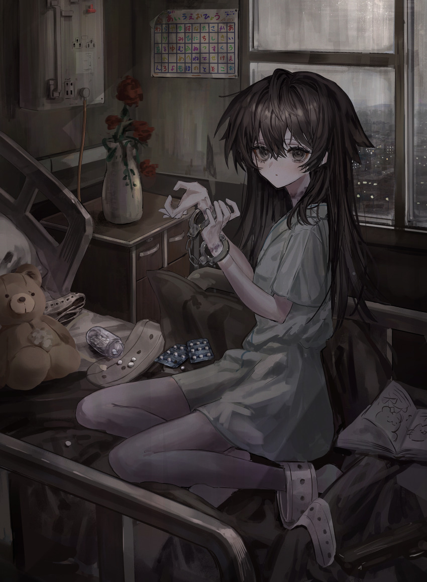 1girl absurdres ankle_cuffs bed black_hair blister_pack book bruise_on_neck bruise_on_wrist closed_mouth commentary cuffs dark electrical_outlet flower grey_eyes grey_sky handcuffs highres hospital hospital_bed hospital_gown indoors kneeling long_hair looking_at_viewer nightstand on_bed open_book original pill pill_bottle red_flower restraints senakira short_sleeves sky solo strangulation_mark stuffed_animal stuffed_toy stuffing teddy_bear vase window