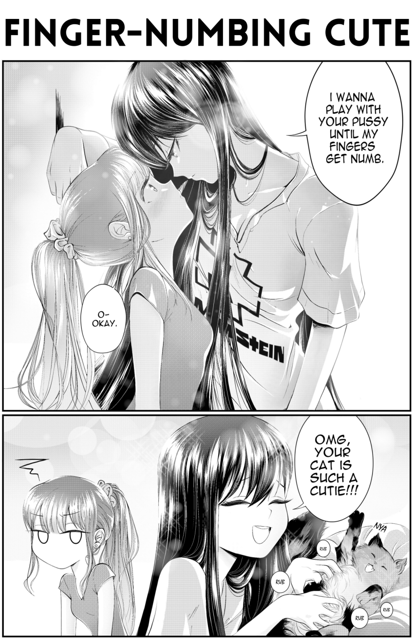 2girls 2koma :d animal bait_and_switch band_shirt blush breasts cat closed_eyes closed_mouth comic commentary disappointed english_commentary english_text eye_contact greyscale grs- hair_ornament hair_scrunchie height_difference highres kabedon long_hair looking_at_another merchandise misunderstanding monochrome multiple_girls no_mouth nyan open_mouth original petting ponytail profile pun rammstein_(band) right-to-left_comic scrunchie sharon_(grs-) shirt short_sleeves smile sparkle speech_bubble squiggle talia_(grs-) teeth upper_teeth_only you&#039;re_doing_it_wrong yuri