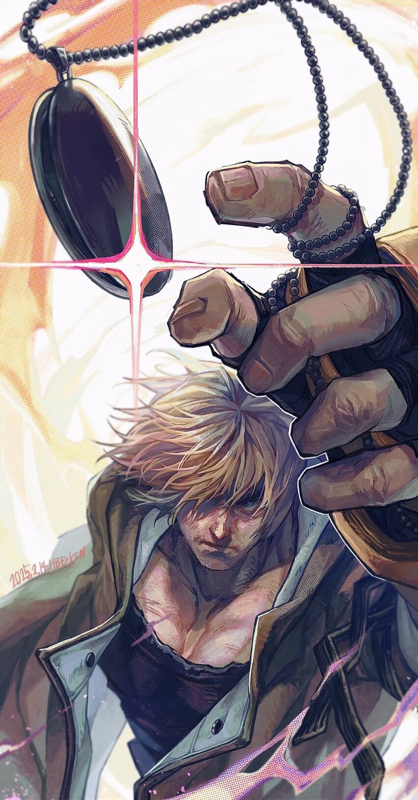 1boy black_shirt blonde_hair brown_coat coat fire glint highres holding_pendant jewelry ken_masters marumaru1902 muscular muscular_male pendant shirt short_hair street_fighter street_fighter_6 upper_body