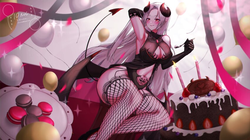 10rui 1girl armpits balloon black_dress black_gloves black_horns black_shoes black_wings blush breasts cake candle cleavage closed_mouth commission confetti demon_girl demon_horns demon_tail dress elbow_gloves fishnet_thighhighs fishnets food fork fruit gloves grey_hair happy_birthday highres holding holding_fork horns indie_virtual_youtuber linea_alba long_hair low_wings macaron mistress_lenore_(vtuber) navel pointy_ears red_eyes shoes sleeveless sleeveless_dress solo stomach_tattoo strawberry tail tattoo thighhighs twitter_username vgen_commission virtual_youtuber wings