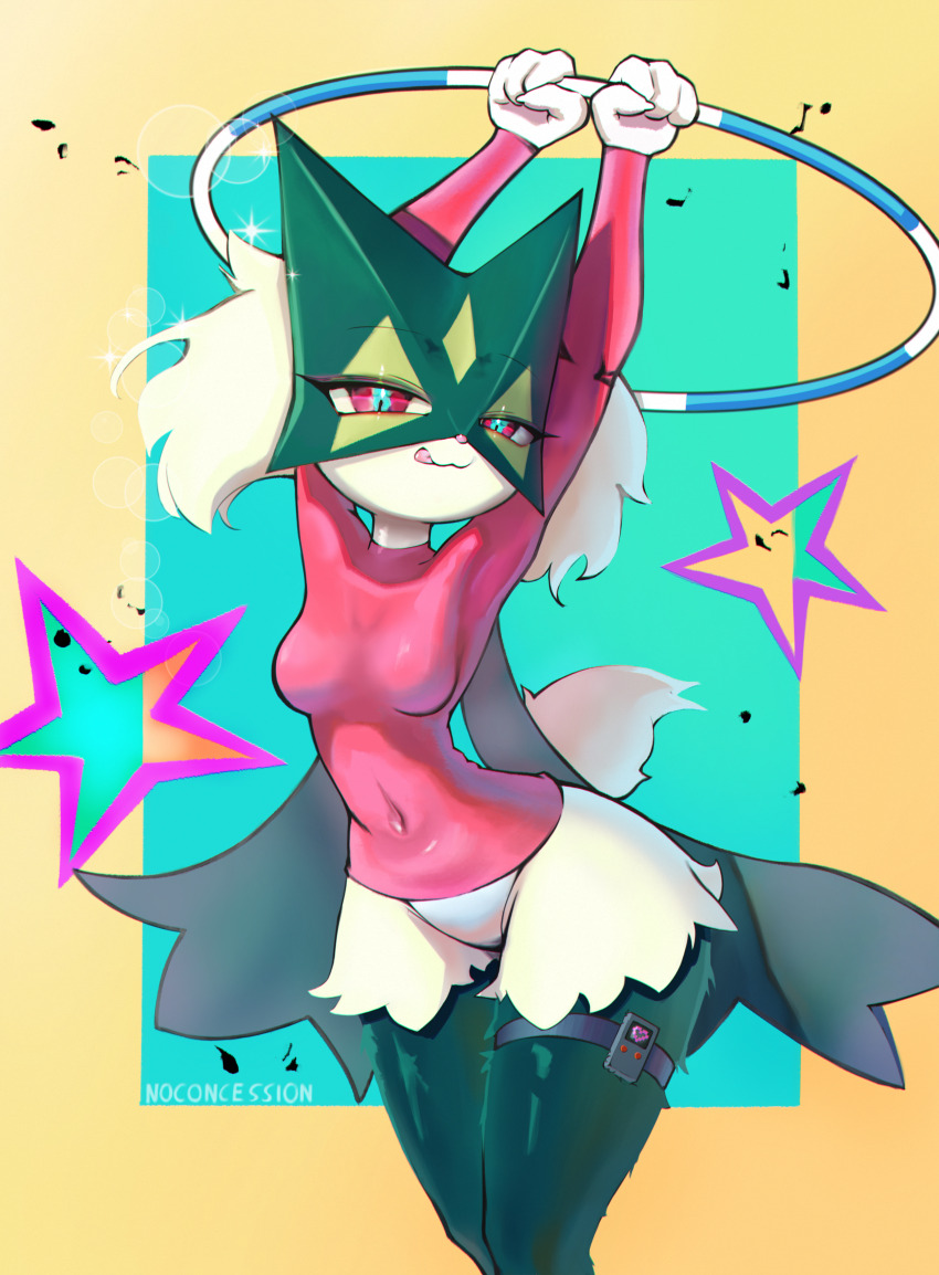 1girl :3 absurdres animal_nose aqua_background arms_up artist_name blue_pupils body_fur border breasts cat_girl chromatic_aberration closed_mouth covered_navel female_focus furry furry_female game_freak green_fur green_hair half-closed_eyes happy heart highres holding holding_hula_hoop hoop hula_hoop licking_lips long_sleeves looking_at_viewer medium_breasts meowscarada messy_hair nintendo no_pants noconcession outside_border panties pink_shirt pokemon pokemon_(creature) red_eyes shiny_skin shirt short_hair short_tail signature smile solo sparkle star_(symbol) tail thick_thighs thigh_strap thighs tongue tongue_out two-tone_fur underwear white_panties wide_hips yellow_border