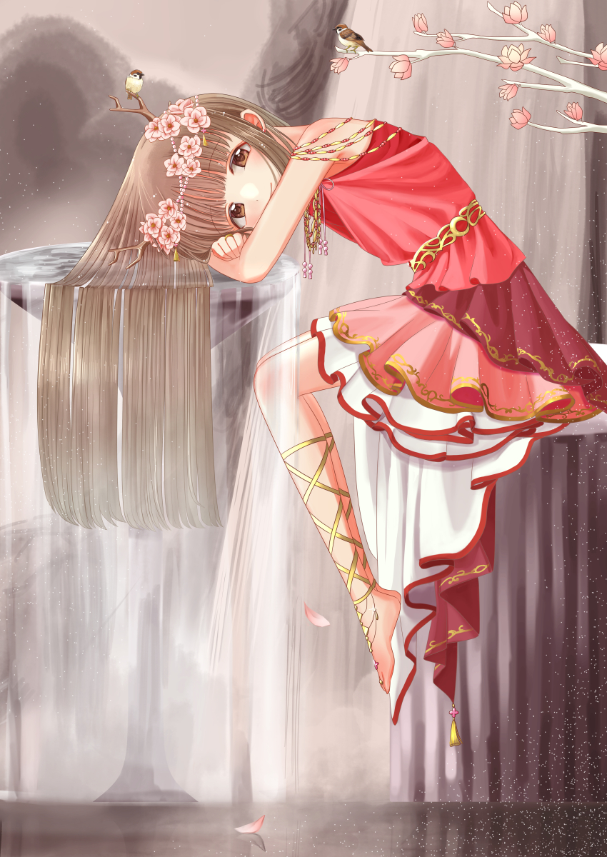 absurdres antlers barefoot bird branch brown_eyes brown_hair commentary_request dress flower flower_wreath full_body head_rest head_wreath highres horns idolmaster idolmaster_cinderella_girls jewelry long_hair looking_at_viewer necklace petals red_dress shirokeda1010 sitting smile sparrow water waterfall yorita_yoshino