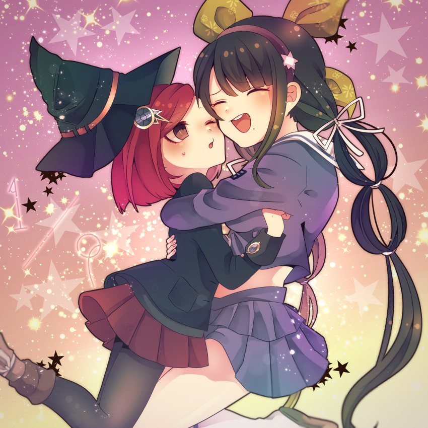 2girls :d black_hair black_hat black_jacket black_pantyhose blue_shirt blue_skirt blush bow brown_eyes chabashira_tenko closed_eyes commentary_request danganronpa_(series) danganronpa_v3:_killing_harmony eyelashes green_bow hair_bow hair_ornament hair_ribbon hairband hat highres hug jacket long_hair long_sleeves mole mole_under_mouth multiple_girls one_eye_closed open_mouth pantyhose purple_hairband red_hair red_skirt ribbon sabata_saba sailor_collar shirt short_hair skirt smile star_(symbol) sweatdrop teeth twintails upper_teeth_only very_long_hair white_ribbon white_sailor_collar witch_hat yumeno_himiko yuri