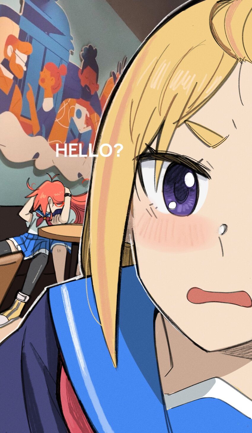 3girls absurdres ange_(angeban93) black_thighhighs blonde_hair blue_sailor_collar blue_skirt blush english_text flip_flappers highres indoors kiss kokomine_cocona long_hair looking_at_viewer multiple_girls neckerchief open_mouth orange_hair papika_(flip_flappers) photo-referenced pleated_skirt purple_eyes red_neckerchief sailor_collar school_uniform selfie serafuku shirt shoes short_sleeves skirt thighhighs white_shirt yayaka yellow_shoes yuri