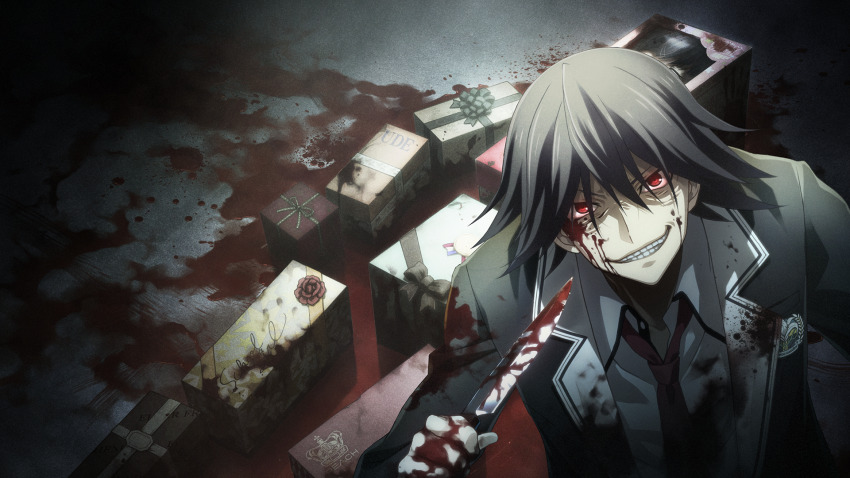 bags_under_eyes black_hair black_jacket blood blood_on_clothes blood_on_face blood_on_hands blood_splatter blood_stain bloody_knife box chaos;child closed_eyes collared_shirt crazy crazy_eyes crazy_smile dark death dim_lighting evil_grin evil_smile game_cg gift gift_box glowing glowing_eyes grin hekiho_academy hekiho_academy_school_uniform highres holding holding_knife itou_shinji_(chaos;child) jacket knife lapels murder necktie notched_lapels official_art open_collar pale_skin pool_of_blood red_eyes red_necktie sasaki_mutsumi school_emblem severed_arm severed_hand severed_hands severed_head severed_leg severed_limb severed_torso shirt smile tachibana_yui v-shaped_eyebrows white_shirt