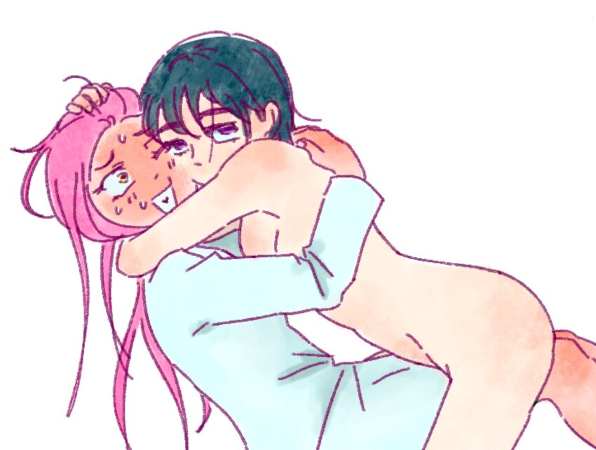 2girls alien_stage black_hair blush clothed_female_nude_female completely_nude dress full-face_blush heart heart_in_mouth hug long_hair mizi_(alien_stage) motii multiple_girls mutual_hug nude one_eye_closed open_mouth purple_eyes short_hair sua_(alien_stage) very_long_hair white_dress yellow_eyes yuri