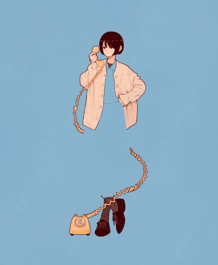 1girl antique_phone black_hair black_shoes blending blue_background blue_dress brown_socks cardigan dress expressionless hand_on_own_hip highres holding holding_phone original phone rotary_phone shoes short_hair simple_background socks solo syooooyoooo white_cardigan