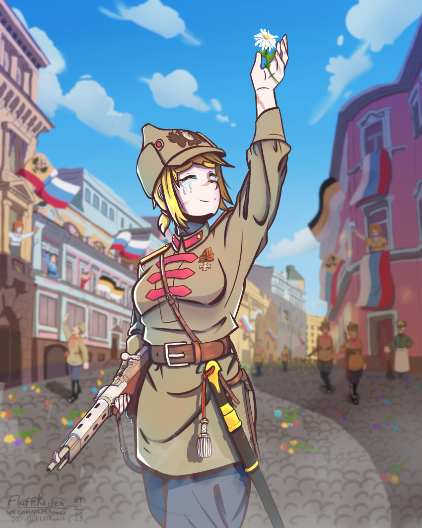 1girl absurdres alternative_history arm_up battle_rifle belt belt_buckle blonde_hair blue_pants blurry blurry_background boots breasts brown_belt bruise bruise_on_face buckle budenovka building closed_eyes collar_tabs cross crying daisy dated depth_of_field epaulettes fedorov_avtomat flower fluffkaiser gun highres holding holding_weapon imperial_insignia injury insignia leather_belt military military_dress_uniform military_uniform original pants ponytail red_collar_tabs ribbon_of_saint_george rifle russia russian_empire russian_flag sam_browne_belt scabbard shashka sheath sheathed short_ponytail sidelocks small_breasts smile soldier sword sword_knot tassel tears sword_knot victory weapon world_war_i