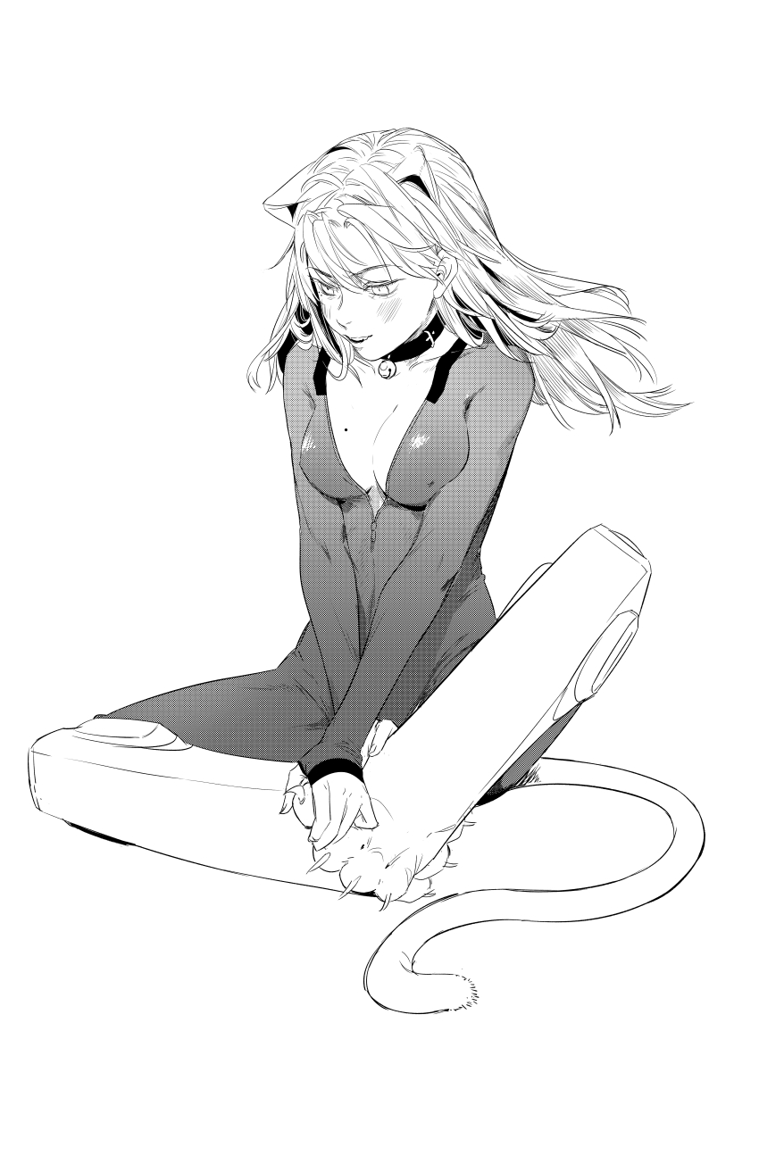 1girl absurdres animal_ears bell ben-day_dots breasts cat_ears cat_girl cat_tail commentary greyscale highres long_hair mole mole_on_breast mole_under_eye monochrome neck_bell original screentones simple_background solo tail white_background yuzhou_gou_ren_wang
