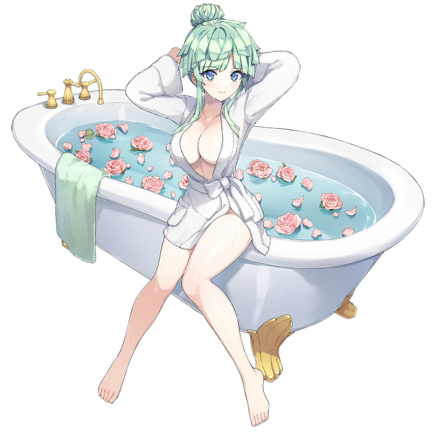 1girl alternate_costume arms_behind_head barefoot bath bathtub blue_eyes breasts claw_foot_bathtub cleavage closed_mouth dolphin_wave flower_on_liquid game_cg green_hair hair_bun highres kishimen_hair large_breasts looking_at_viewer non-web_source official_alternate_costume official_alternate_hairstyle official_art ootomo_takuji petals petals_on_liquid robe rose_petals selena_lewis smile towel water wet white_robe