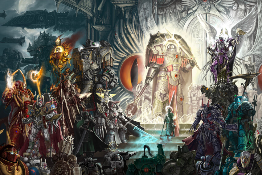 6+boys absurdres adeptus_astartes alpha_legion alpharius_omegon angron armor armored_boots astra_militarum axe banner battle_axe battle_standard black_armor black_hair black_legion blue_armor blue_eyes blue_gemstone bolter book boots breastplate cable cape ceremony chain chain_axe chaos_(warhammer) clawed_gauntlets cloak cuisses death_guard dreadnought_(warhammer_40k) dual_wielding emperor&#039;s_children eyes_of_horus_(warhammer_40k) flag forgebreaker forgiveness fulgrim full_armor full_body full_moon gauntlets gem glowing glowing_eye glowing_eyes glowing_halo gold gold_trim gorechild gorefather greatsword green_armor grey_armor gun gun_on_back halo headpiece heavy_bolter helm helmet heresy high_ponytail highres holding holding_axe holding_book holding_flag holding_gun holding_mace holding_sword holding_weapon horus_lupercal illuminarum imperial_knight imperium_of_man iron_warriors kim_chan konrad_curze laurel_crown layer_blade layered_armor lightning_claw long_hair lorgar_aurelian mace magic magnus_the_red mask mecha military military_uniform moon mortarion multiple_boys multishot_rocket_launcher night_lords ornate_armor outdoors pauldrons pelt pink_armor polearm ponytail power_armor power_claw power_fist power_sword primarch purity_seal purple_armor red_armor red_eyes red_hair respirator robot rocket_launcher science_fiction scythe shoulder_armor silence_(weapon) skull slit_pupils solo_focus spear_of_cassius spiked_mace spikes spinegrinder storm_bolter sword terminator_armor thousand_sons titan_(warhammer_40k) turquoise_armor vambraces war_banner warhammer_40k weapon weapon_on_back white_armor white_eyes white_hair wings word_bearers world_eaters yellow_eyes