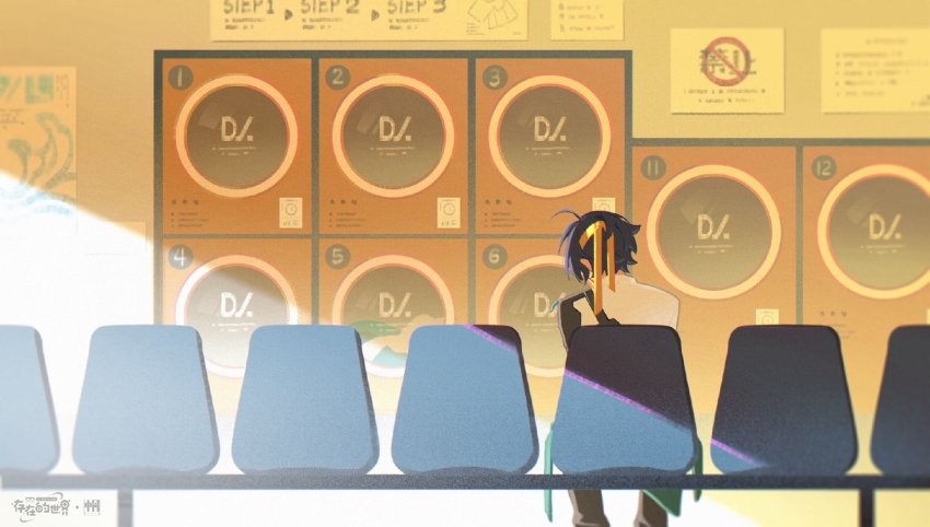 1boy ahoge asaba_harumasa black_hair black_pants from_behind goufan headband highres laundromat pants shirt sitting solo watermark white_shirt yellow_headband zenless_zone_zero