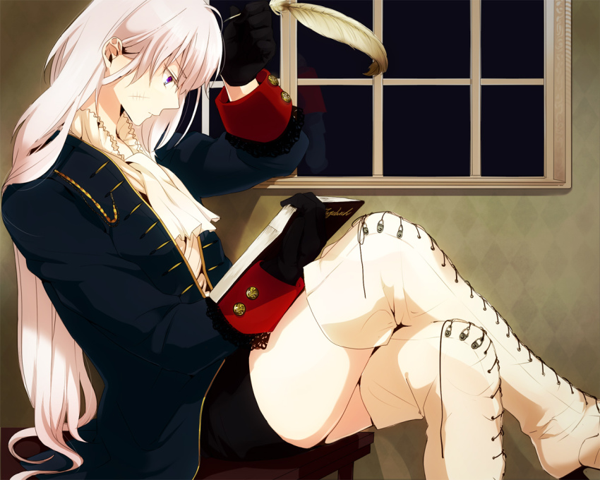 1girl arm_up ascot axis_powers_hetalia blue_eyes book boots buttons crossed_legs diary feathers female_focus genderswap genderswap_(mtf) gloves hand_on_own_head heterochromia long_hair military military_uniform miniskirt multicolored_eyes norujiro open_book pen pink_hair prussia_(hetalia) purple_eyes reading red_eyes scar sitting skirt solo thighhighs white_thighhighs window writing