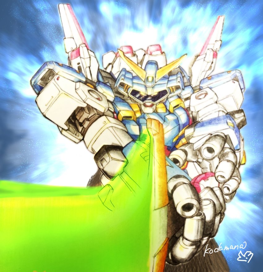 glowing glowing_eyes highres holding holding_sword holding_weapon mecha no_humans open_hand robot science_fiction solo srx super_robot super_robot_wars super_robot_wars_original_generation sword weapon yellow_eyes yuzupapa