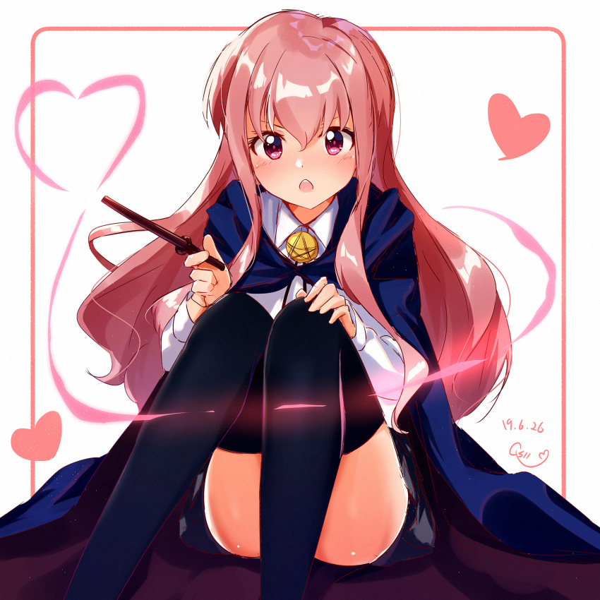 1girl black_thighhighs cape commentary_request convenient_leg dated feet_out_of_frame hair_between_eyes hand_on_own_knee heart highres holding holding_wand long_hair long_sleeves looking_at_viewer louise_francoise_le_blanc_de_la_valliere open_mouth pentacle pink_eyes pink_hair qs11 shirt sidelocks signature simple_background skirt solo thighhighs wand white_shirt zero_no_tsukaima