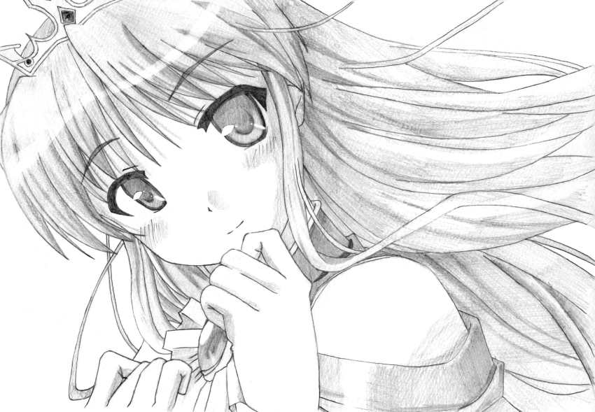 bad_id bad_pixiv_id blush charcoal_(medium) feena_fam_earthlight greyscale highres long_hair monochrome portrait ryuuryuu tiara traditional_media yoake_mae_yori_ruri_iro_na