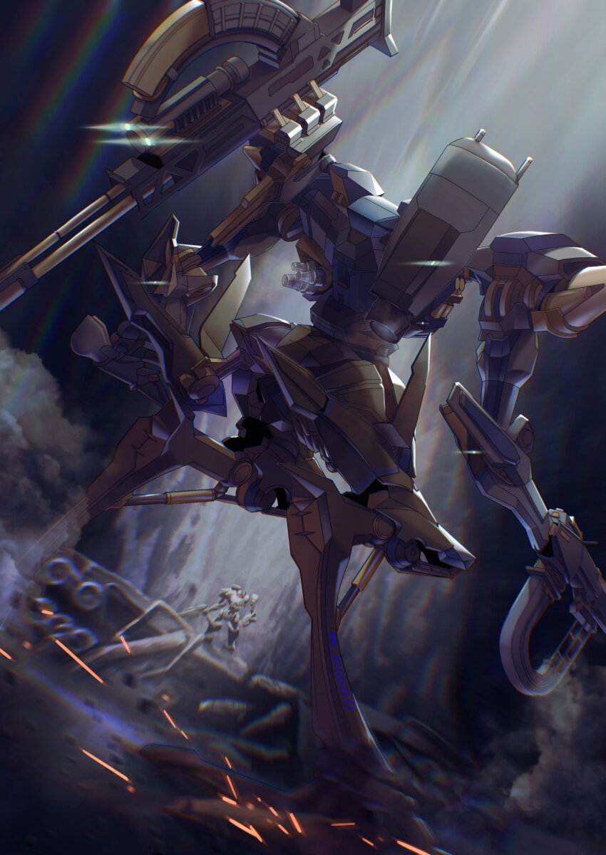 absurdres armored_core armored_core_vi:_fires_of_rubicon assault_rifle full_body gun handgun highres holding holding_gun holding_weapon loader_4 mecha mecha_focus missile_pod no_humans ra_gyoooo red_eyes reverse-jointed_legs rifle robot science_fiction sparks standing steel_haze thrusters v.iv_rusty weapon weapon_on_back