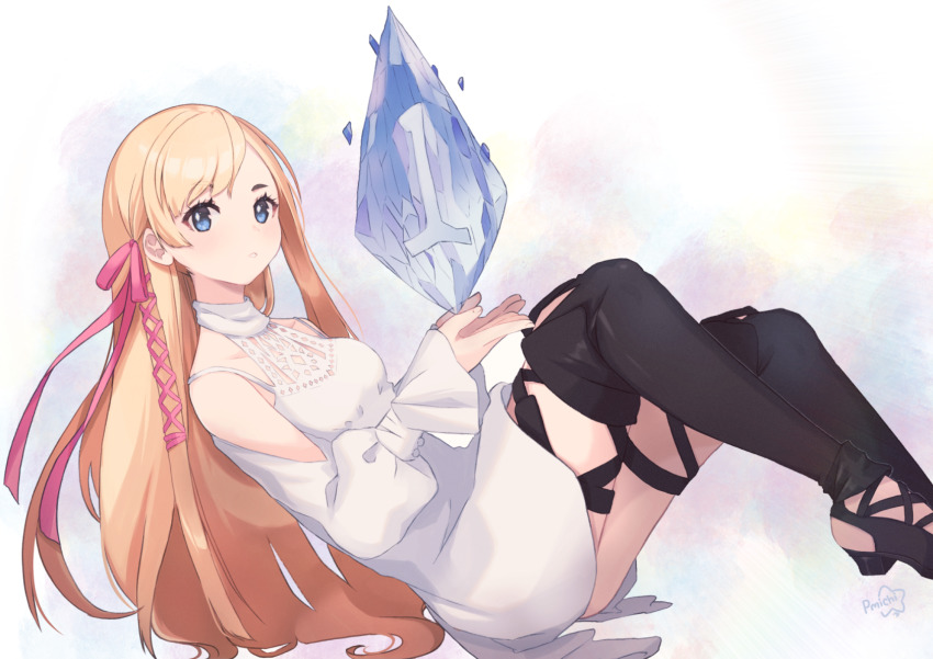 1girl asagawa_mikan_(peachy_michi) blonde_hair blue_eyes breasts crystal dress female_focus final_fantasy final_fantasy_xiv highres hyur long_hair looking_at_viewer minfilia_warde pink_ribbon ribbon ryne_waters signature simple_background small_breasts solo swept_bangs thighhighs white_dress