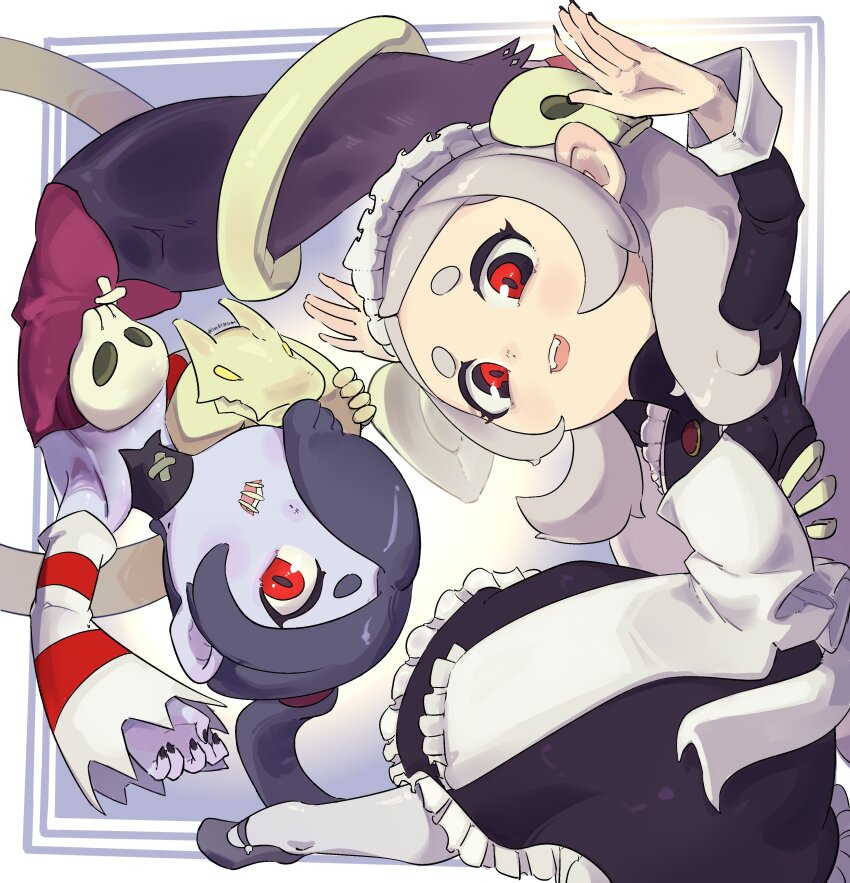 2girls absurdres apron black_nails bloody_marie_(skullgirls) blue_background blue_hair blue_skin blush brooch colored_skin detached_sleeves dress frilled_apron frilled_dress frills grey_hair hair_ornament hair_over_one_eye highres jewelry leviathan_(skullgirls) looking_at_viewer maid_headdress mary_janes multiple_girls nail_polish ojiskeleton open_mouth pantyhose red_eyes ribs shoes skeleton skull_hair_ornament skullgirls smile squigly_(skullgirls) stitched_mouth stitches striped_sleeves twintails upside-down zombie