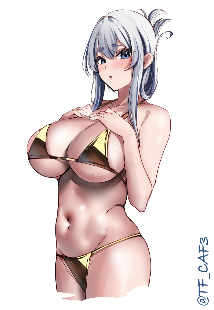 1girl absurdres bikini blue_eyes blush breasts cleavage collarbone cowboy_shot folded_ponytail gold_bikini hair_between_eyes highres kamoi_(kancolle) kantai_collection large_breasts long_hair looking_at_viewer navel satin_bikini shiny_swimsuit smile solo swimsuit tf_cafe thick_eyebrows twitter_username white_background white_hair