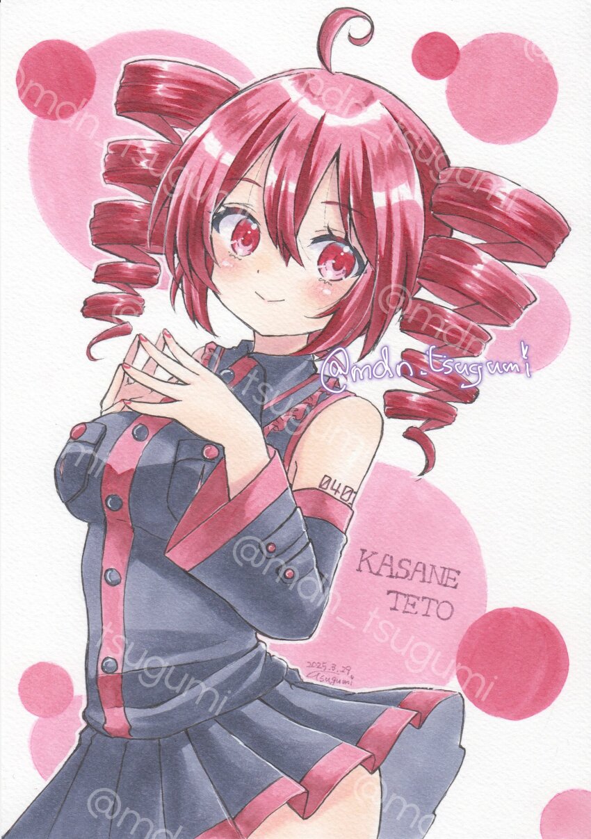 1girl ahoge arms_up bare_shoulders black_shirt black_skirt black_sleeves blush breast_pocket breasts buttons collared_shirt detached_sleeves double-parted_bangs dress_shirt drill_hair fingernails hair_between_eyes highres impossible_clothes impossible_shirt kasane_teto kasane_teto_(utau) large_breasts number_tent pleated_skirt pocket print_background red_eyes red_hair red_nails shirt shoulder_tattoo simple_background skirt skirt_set solo steepled_fingers tattoo tsugumi_(tky-fam) twin_drills utau watermark watermark_grid white_background wing_collar