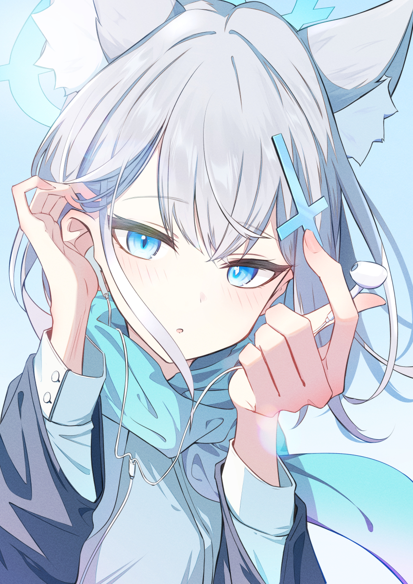 1girl absurdres animal_ear_fluff animal_ears blue_archive blue_eyes blue_jacket blue_scarf blush earphones extra_ears grey_hair hair_behind_ear hair_between_eyes highres holding holding_earphones jacket long_hair looking_at_viewer parted_lips scarf shiroko_(blue_archive) shirt sidelocks solo ula_ula00 upper_body white_shirt wolf_ears wolf_girl