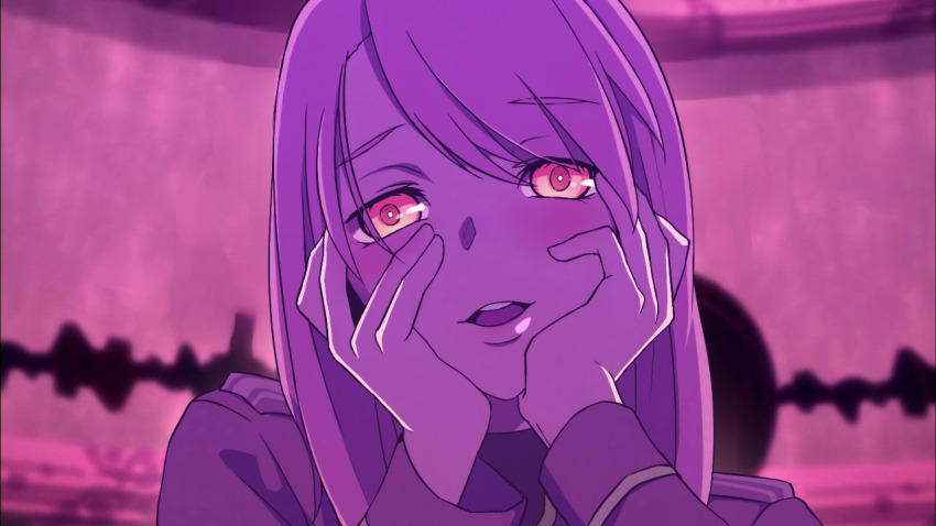 1girl commentary_request derivative_work fullmetal_alchemist hands_on_own_cheeks hands_on_own_face head_tilt ichita_kuuto long_hair mirai_nikki open_mouth parody portrait purple_theme riza_hawkeye screenshot_redraw smile solo yandere_trance